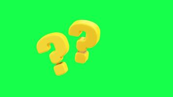 4K 3D animation of question mark symbols in bright yellow color on a green screen background, perfect for quizzes, FAQ videos, mystery content, and creative projects video