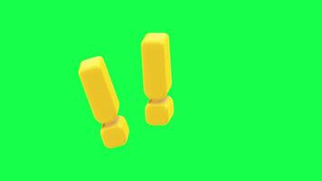 3D 4K animation of exclamation marks in bright yellow color on a green screen background, perfect for alerts, warnings, announcements, or attention-grabbing content video