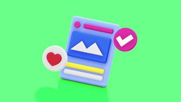 4K animation motion 3D social media page with checklist and love badge on green screen background, ideal for digital marketing, online engagement, social networking, and branding. video