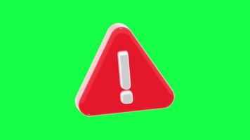 4K 3D animation of red warning triangle featuring exclamation mark on green screen background ideal for alerts safety messages caution signs or hazard visuals video