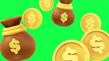 4K 3D animation of a money pouch bouncing on a green screen background, perfect for business, finance, savings, investment, or budgeting-themed creative projects. video