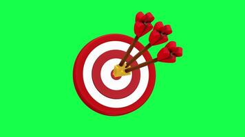 4K 3D animation of a target with an arrow on a green screen background, ideal for business goals, marketing, accuracy, strategy and achievement visuals. video