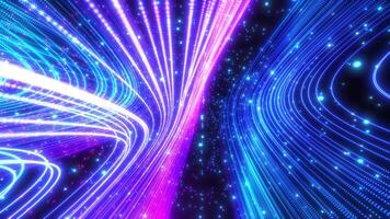 Abstract scene of a futuristic cyber world with high-tech spiral shapes and bright dust particles flying through neon surfaces. Sci-fi tunnel video