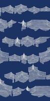 Hand drawn brush lines and silhouette abstract houses and buildings pattern in white and blue, Japanese folk and ethnic wood carving, block print texture vertical background, irregular graphic vector