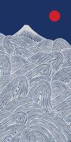 Hand drawn brush lines abstract waves and water with Fuji mountain background, Japanese folk wood carving, block print texture pattern in white and blue, handcrafted graphic for textile, decoration vector