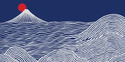 Hand drawn brush lines abstract waves and water and stones with Fuji mountain panorama background, Japanese folk, ethnic wood carving, block print texture banner, simple graphic for decoration vector
