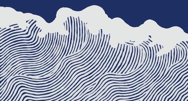 Hand drawn brush lines abstract big waves in the ocean pattern, Japanese and ethnic wood carving texture background in white and blue, simple graphic for textile, carpet, decoration vector