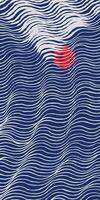 Hand drawn brush lines abstract waves and water with reflection of Fuji mountain and sun background, Japanese folk, ethnic wood carving, block print texture banner, simple graphic for decoration vector