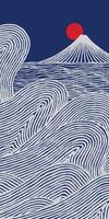 Hand drawn brush lines abstract waves and ripples with Fuji mountain in the background, Japanese folk wood carving, block print texture pattern in white and blue, handcrafted graphic for decoration vector
