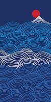 Hand drawn brush lines Fuji mountain with waves and water vertical background in white and blue, Japanese wood carving, block print texture graphic for textile, decoration, banner vector
