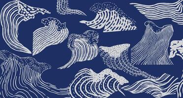 Handcrafted brush lines abstract collage waves background in white and blue, Japanese folk, ethnic wood carving, block print texture pattern vector