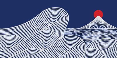 Hand drawn brush lines abstract waves and water with Fuji mountain panorama background, Japanese folk, ethnic wood carving, block print texture banner, simple graphic for textile, decoration vector