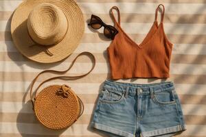 Boho Summer Essentials. Chic Straw Accessories and Casual Attire for Stylish Outings photo