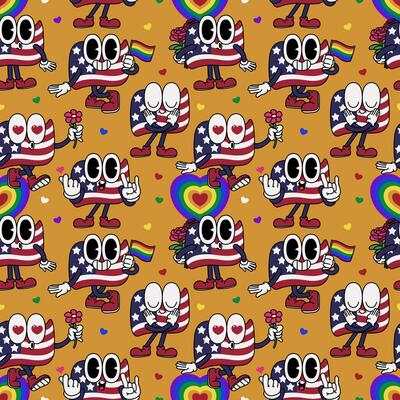 Patriotic American Flag USA whimsical retro cartoon character mascot 4th of July pride month seamless pattern