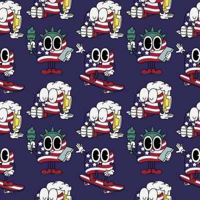 Patriotic American Flag USA whimsical retro cartoon character mascot 4th of July chill seamless pattern