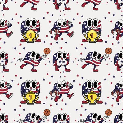 Patriotic American Flag USA whimsical retro cartoon character mascot 4th of July sport seamless pattern