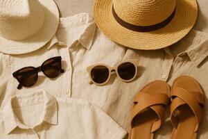 Elegant Summer Accessories Featuring Hats, Sunglasses, and Sandals for Stylish Vibes photo