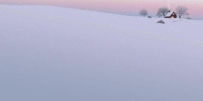 Snowfall in minimalist snowscape with silhouette lonely country house and leafless trees on the hill covered by snow have dramatic sky behind graphic illustration. vector