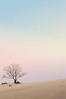 Silhouette deciduous tree in the middle of dried land with vanilla sky vertical background graphic illustration have blank space. vector