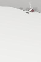 Minimalist snowscape with lonely country house and leafless trees on the hill covered by white snow have dusk sky behind graphic illustration vertical template have blank space. vector