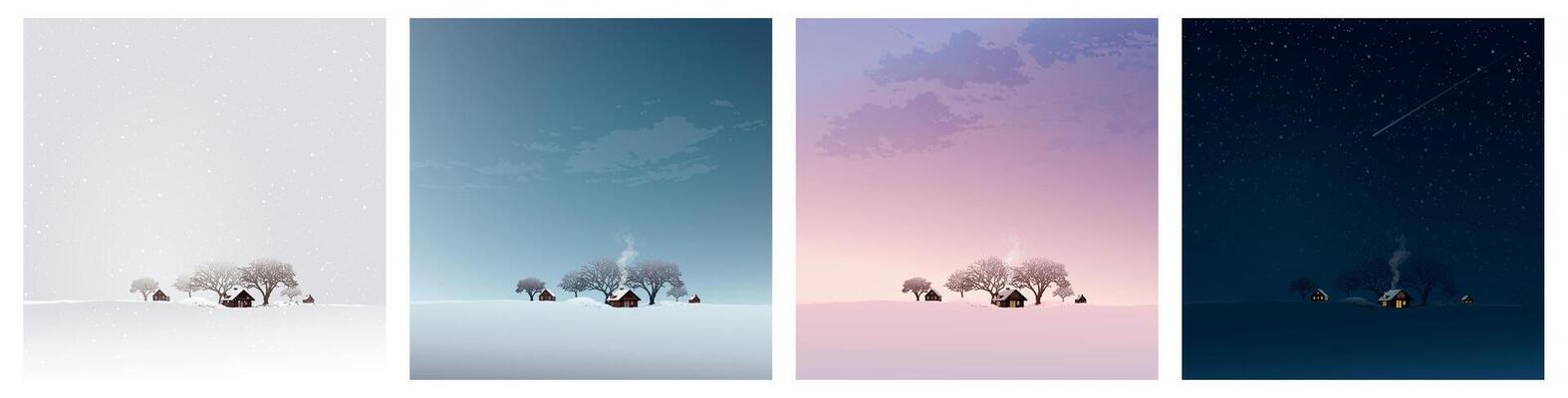 Set of minimalist countryside snowscape with small town and leafless trees at different times of the day graphic illustration.