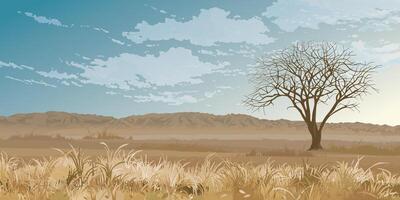 Deciduous tree in the middle of a grassland in autumn with mountain ranges far away have blue sky background graphic illustration. vector