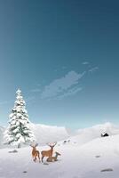 Minimalist snowscape with Reindeers, pine tree and cottage on hill in a day with clear skies graphic illustration vertical template have blank space. vector