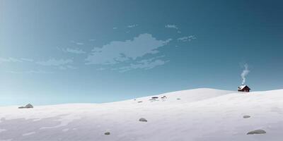 Minimalist snowscape with a cottage on hill in a day with clear skies graphic illustration have blank space. vector