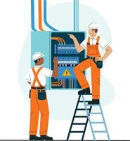 Two electricians in orange uniforms and helmets work on electrical panel, ensuring safety and functionality vector
