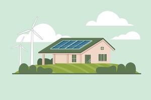 Eco friendly house with solar panels and wind turbines, surrounded by greenery under cloudy sky vector