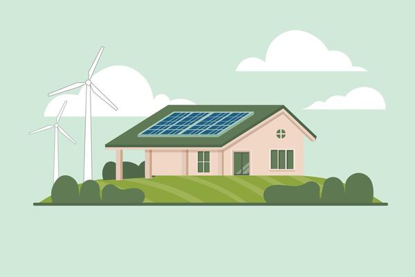 Eco friendly house with solar panels and wind turbines, surrounded by greenery under cloudy sky