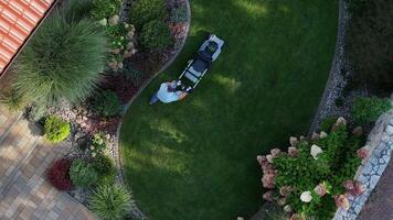 An aerial view of a lawn with a car parked in it video