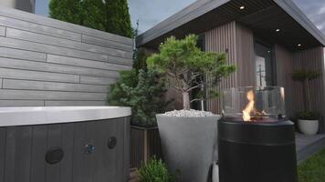 A hot tub and a fire pit in the backyard video