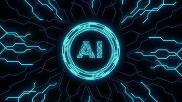 Neon glowing AI sign with digital circuit background video