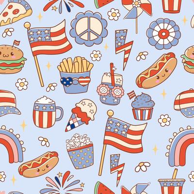 Retro 4th of July Seamless Pattern Isolated Hand Drawn Design for Fabric Digital paper