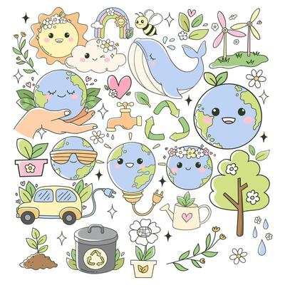 Earth Day Doodle Cartoon Style Hand Drawn Elements