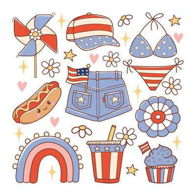 Retro 4th of July or Independence Day Doodle Cartoon Style Hand Drawn Elements