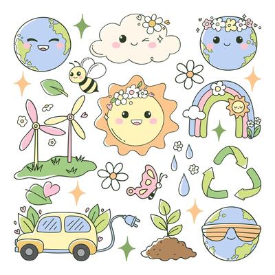 Groovy Earth Day Cartoon Style Hand Drawn Elements