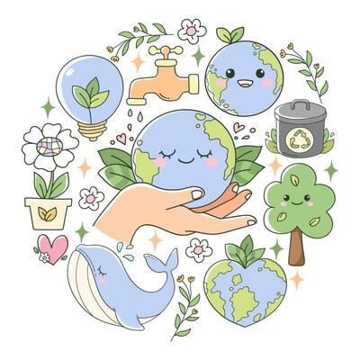Groovy Earth Day Doodle Cartoon Style Hand Drawn Elements