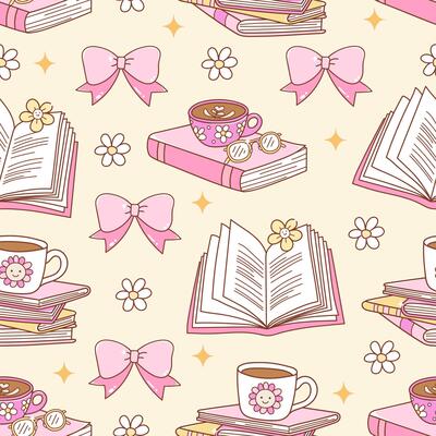 Girly Bookish Seamless Pattern Isolated Hand Drawn Design for Fabric Digital paper