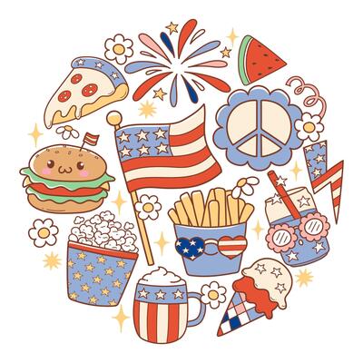 Retro 4th of July Doodle Cartoon Style Hand Drawn Elements
