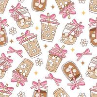Coquette Iced Coffee Seamless Pattern Isolated Hand Drawn Design for Fabric Digital paper vector