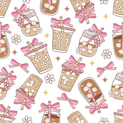 Coquette Iced Coffee Seamless Pattern Isolated Hand Drawn Design for Fabric Digital paper