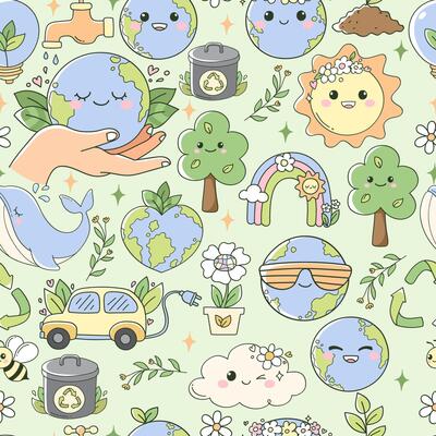 Pastel Earth Day Seamless Pattern Isolated Hand Drawn Design for Fabric Digital paper