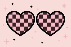 Two checkered heart graphics with pink and black squares on a light pink background vector