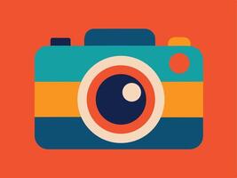 Retro camera illustration with colorful flat design and orange background vector
