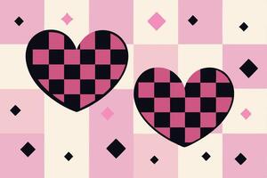 Two checkered hearts on a pink and white geometric pattern vector