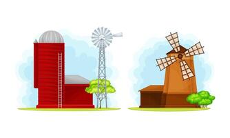 Rural farm buildings set. Silo tower, wind turbine and windmill illustration vector