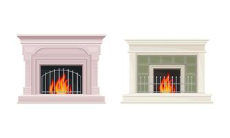 Classic open hearth fireplace with burning fire set illustration vector