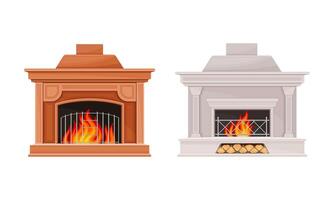 Classic marble open hearth fireplace with burning fire set illustration vector